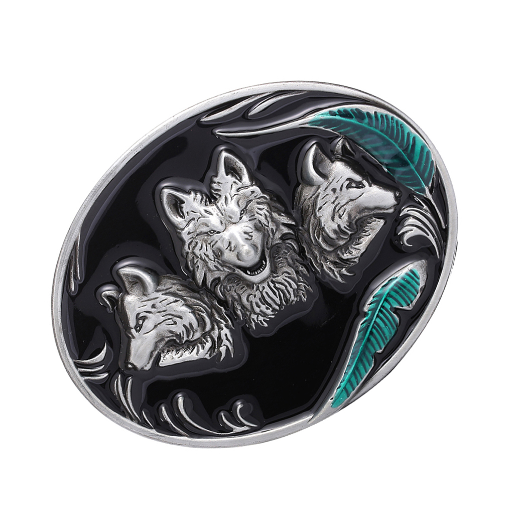 Men's Western Cowboy Belt Buckle in Antique Silver 3D Wolf Texas