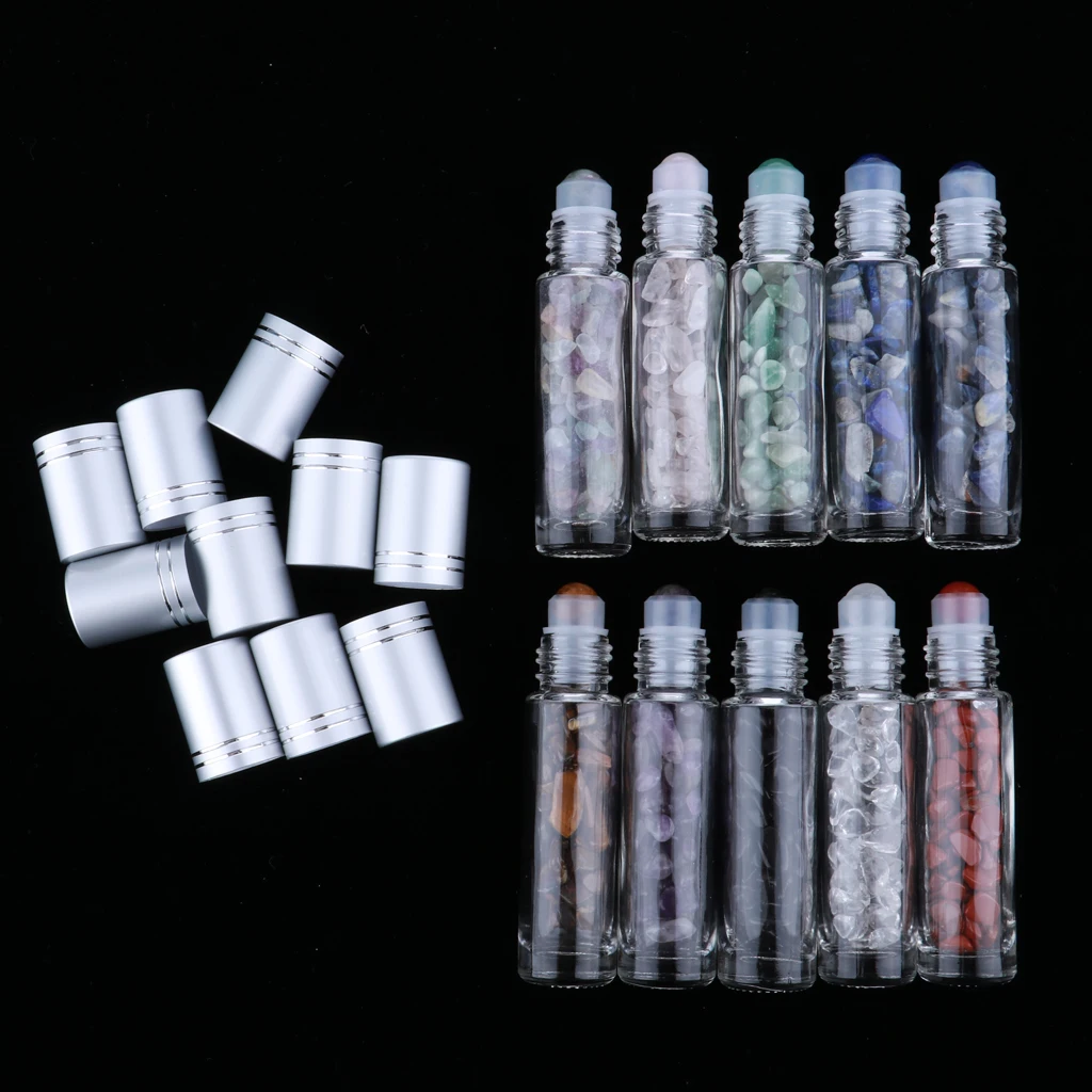 10 Pcs Clear Glass Essential Oil Gemstone Roller Balls Bottles with Stone Chips