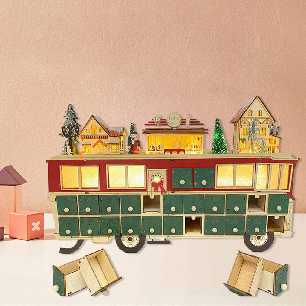 Wood Advent Calendar Children Toy Battery Operated DIY Bus Shape Light up 24 Drawers Christmas Holiday Decoration