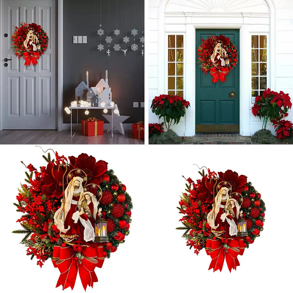 Nativity Wreath Red Hanging Garland Christmas Wreath Decorations Wreath Hanger for Front Door Decor Holiday Home Decoration Door