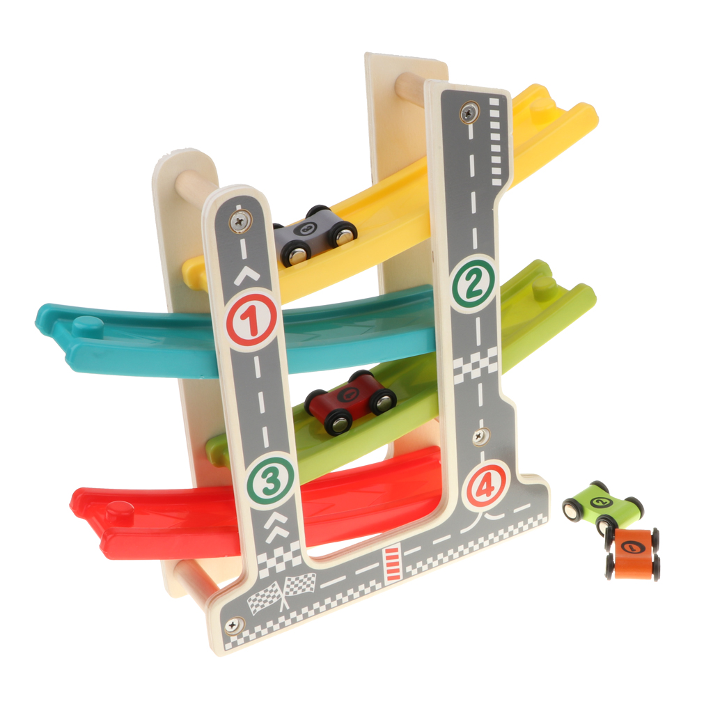 Wooden Slider Click Clack 4 Layer Race Track Playset with 4 Race Cars, Kids Toddlers Preschool Educational Toy