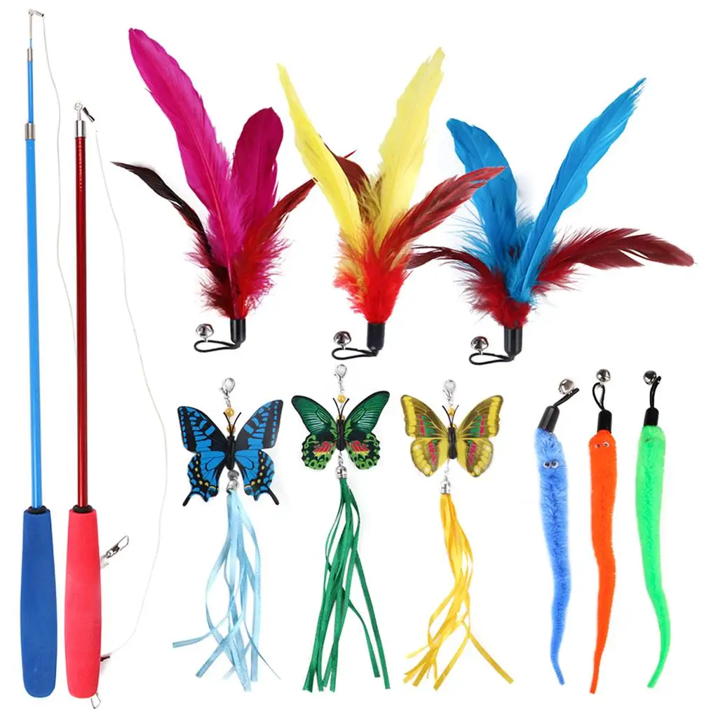 11x Wild Thing Feather Teaser Cat Toy 9 Assorted Teaser Refills 2 Telescopic Poles Funny Interactive Set for Exercise Kitten Fun
