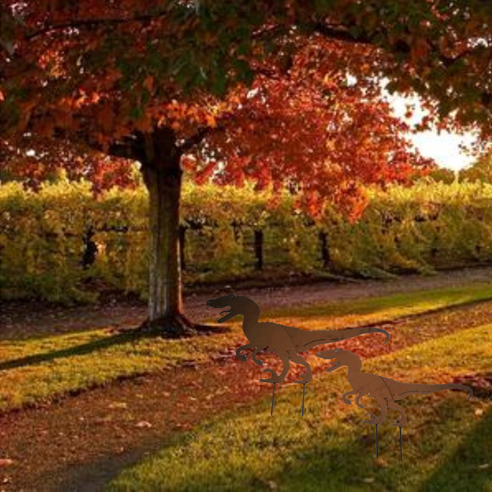 Dinosaur Silhouette Metal Garden Stake Garden Art Lawn Ornaments 2 Piece Set