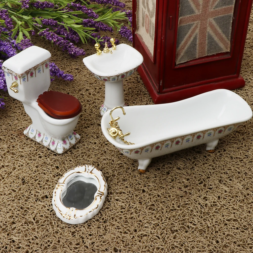 1/12 Dollhouse Mini Furniture Porcelain Bathroom Set Floral Toilet, Bathtub & Basin #2
