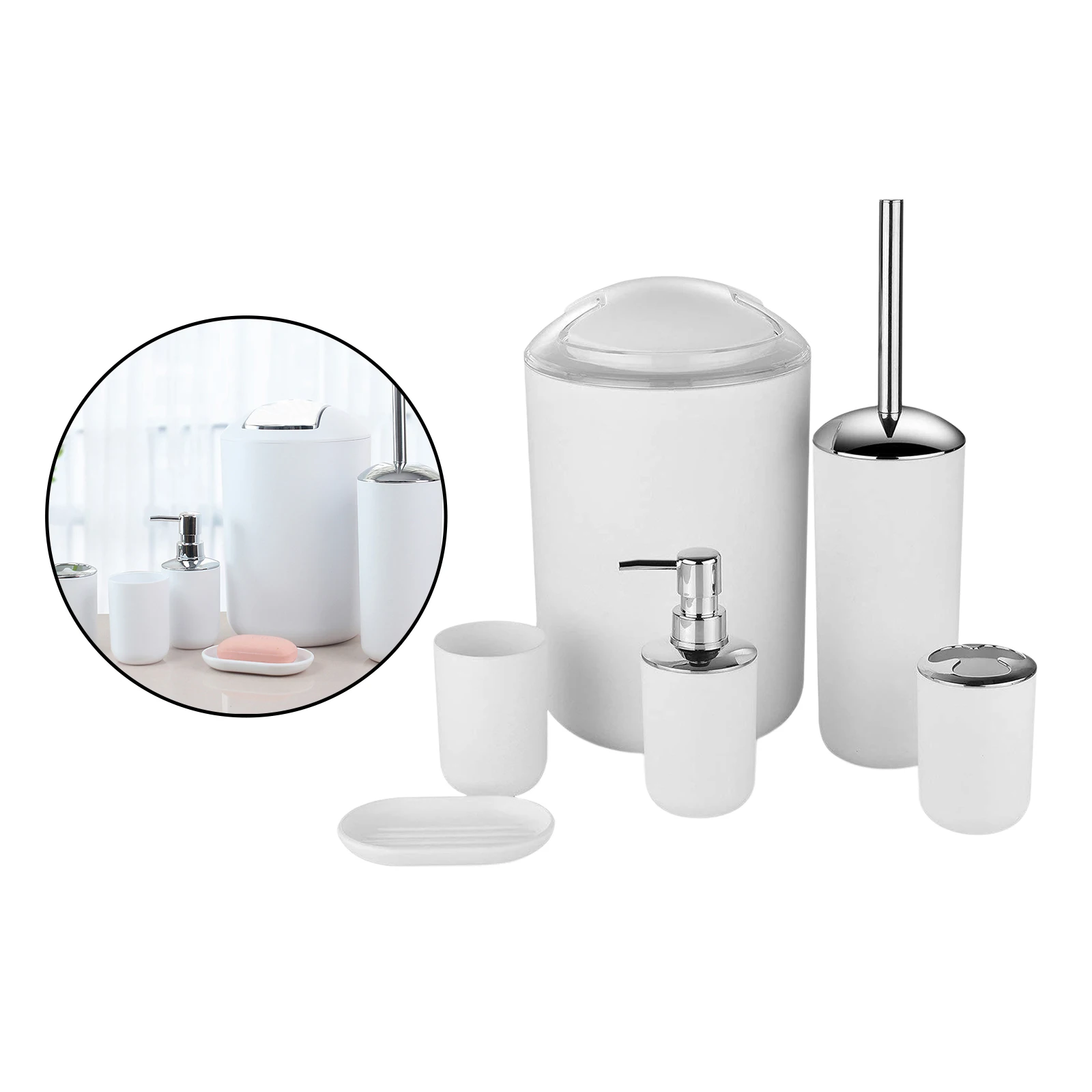 Bathroom Accessories Set,6 Pcs Gift Set Toothbrush Holder,Toothbrush Cup,Soap Dispenser,Soap Dish,Toilet Brush Holder,Trash Can