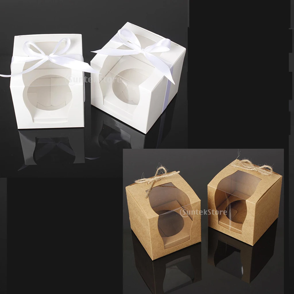 12pcs/Set Vintage Paper Cake Cupcake Box Bakery Box With Window Paper with Rope Birthday Wedding Favor Gift Mini Box Packaging