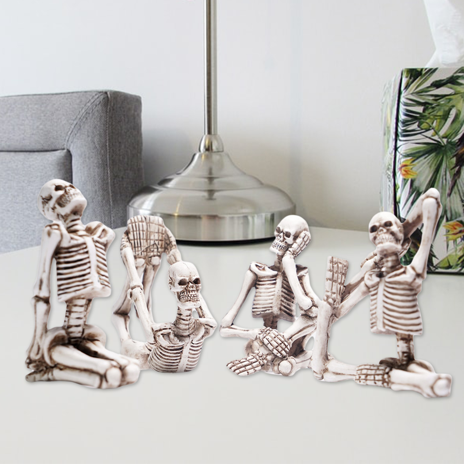 Lot of 4 Skull Yoga Pose Statue Figurine Resin Yoga Skeleton Figure Set Decor (White Set)