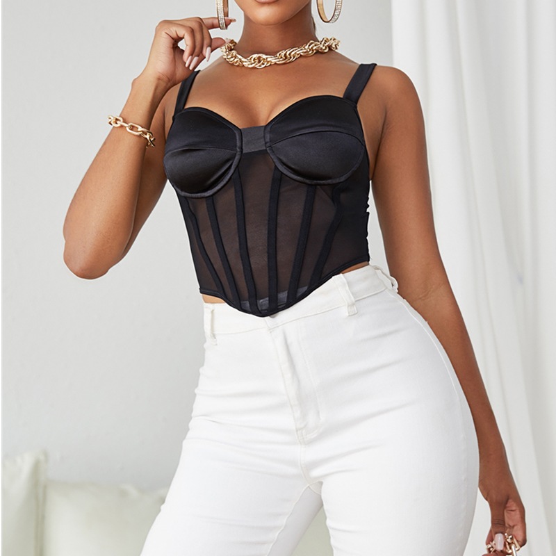 Women Satin Bustier Crop Tops Sexy Sleeveless Solid Irregular Mesh Boned Corset Ladies Casual Tank Top Cropped Streetwear