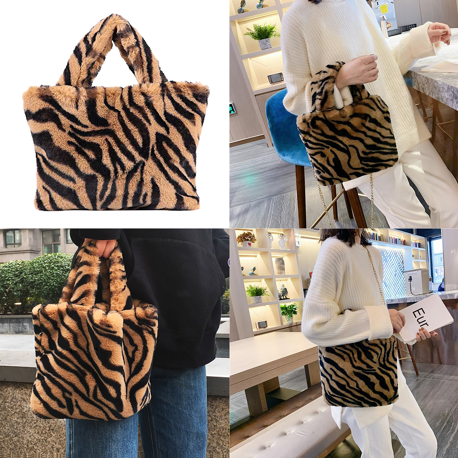 Soft Faux Fur Shoulder Bag Womens Plush Handbag Tote Leopard Print Chain Strap