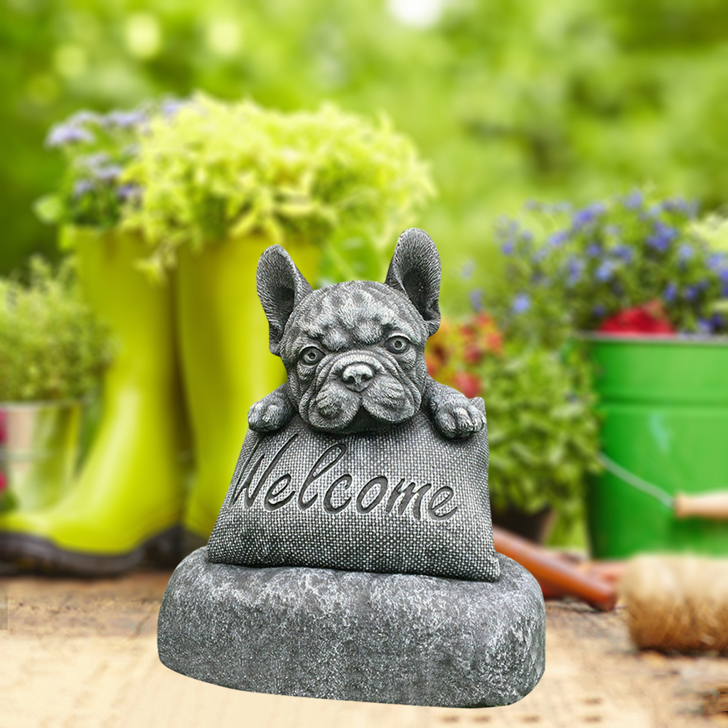 French- Statue Garden Dog Statue Decoration Welcome Sign Resin Craft Ornament Indoors Outdoors Sculpture Yard Art