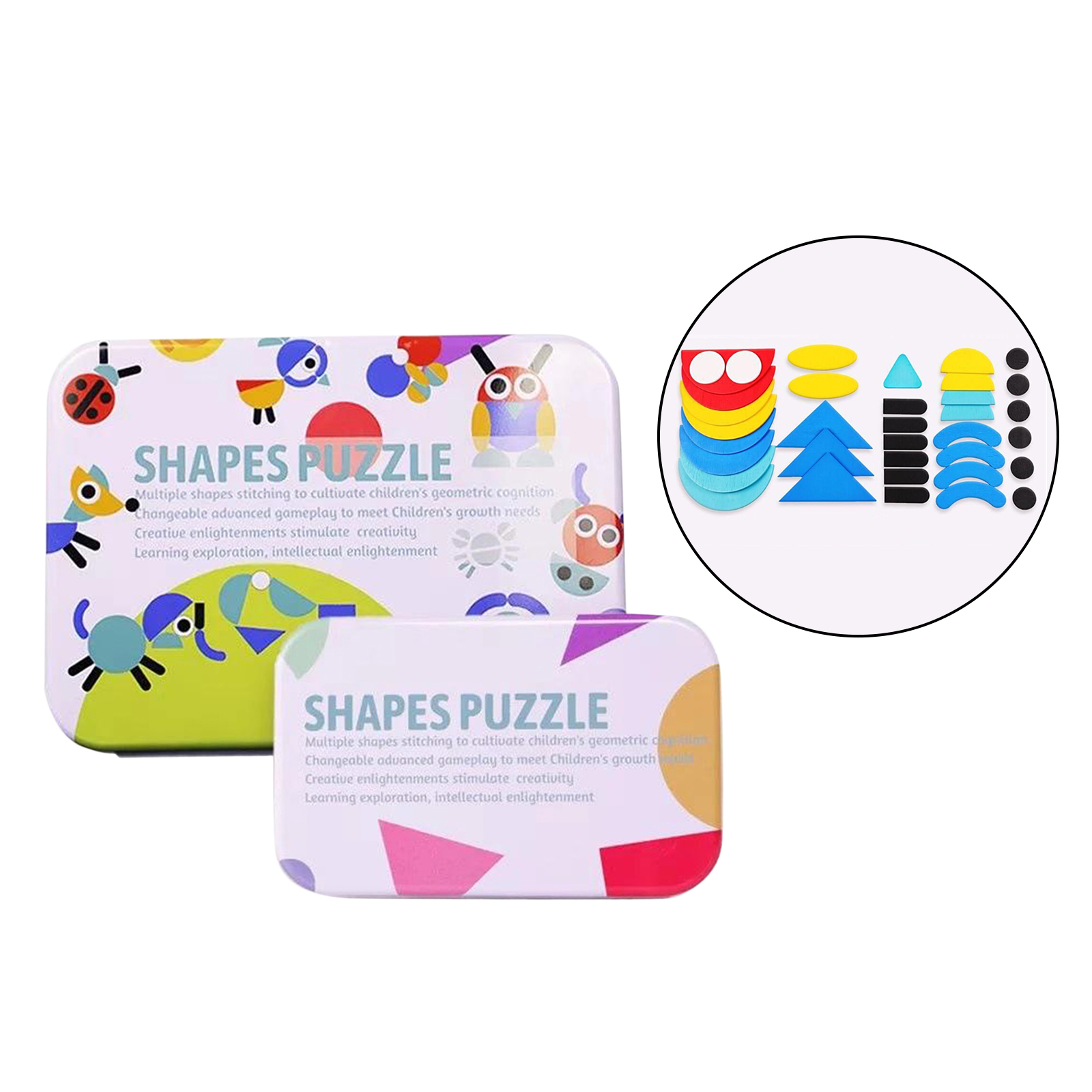 Wooden Pattern Blocks Set Shape Puzzle Kindergarten Classic Educational Montessori Tangram Toys for Kids Toddlers Ages 3-8