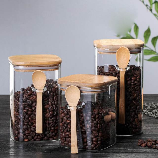 Airtight Glass Jars with Bamboo Lids & Bamboo Spoons - Decorative & Durable  15-Oz Borosilicate Glass Canisters Hold Coffee Beans - AliExpress