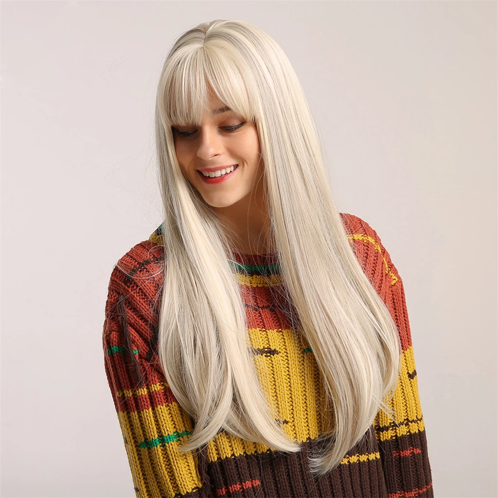 Fashion Women Light Golden Long Straight Hair Wig with Hairnet Daily Wear