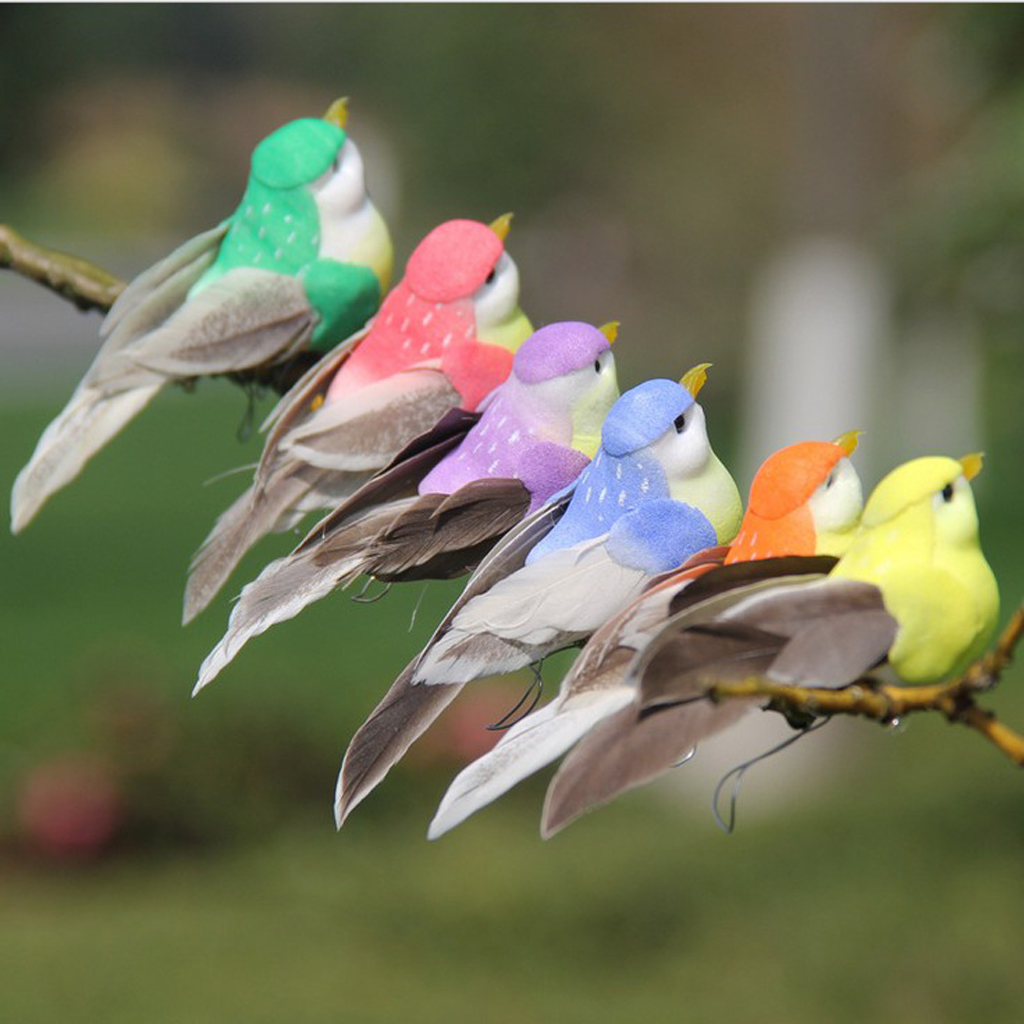 Pack of 12 Artificial Feathered Birds Garden Outdoor Statues for Bonsai Hanger Lawn Decoration