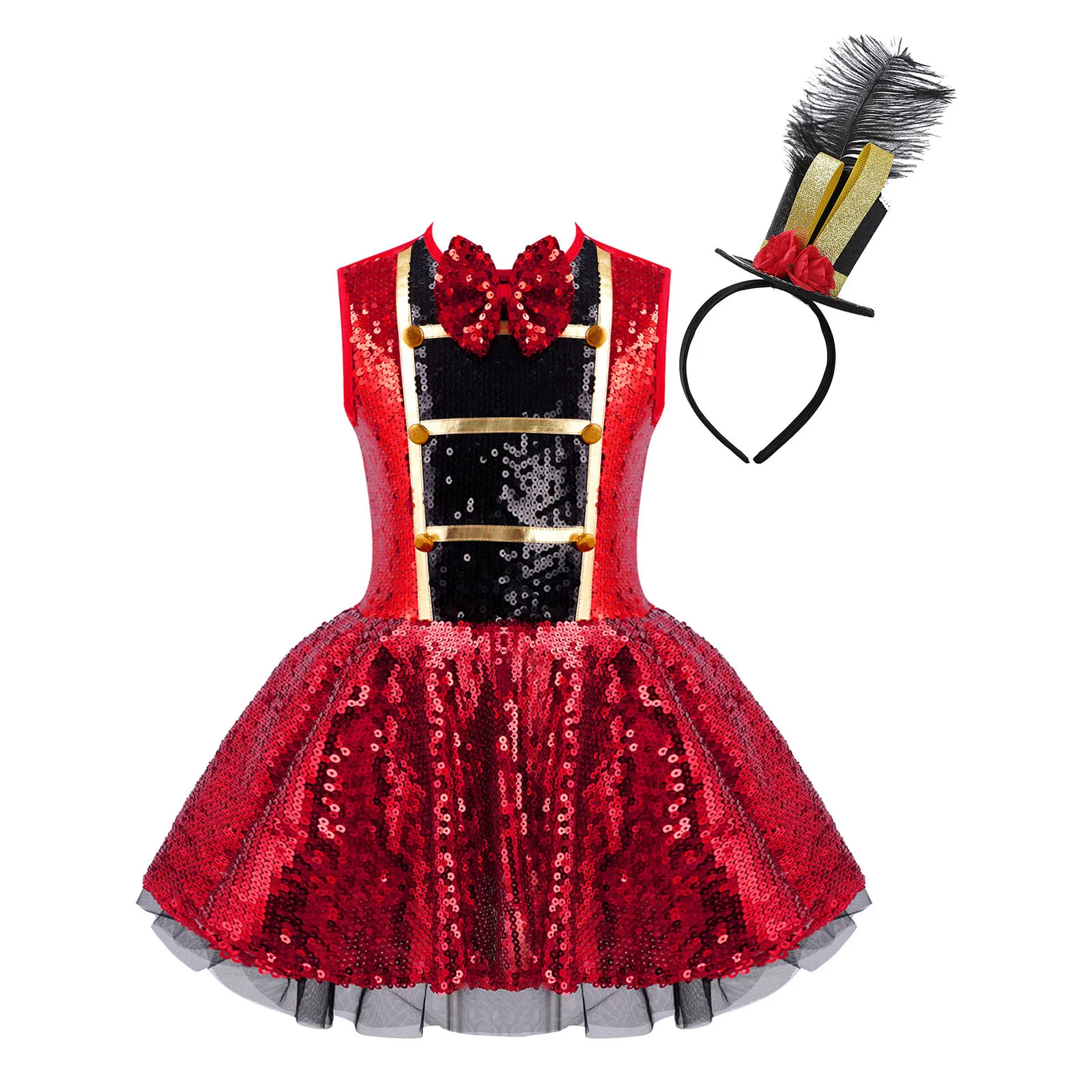 4-16 Years Girls Circus Ringmaster Costumes Shiny Sequins Leotard Dress with Feather Hat for Halloween Carnival Party Dress Up pirate costume women