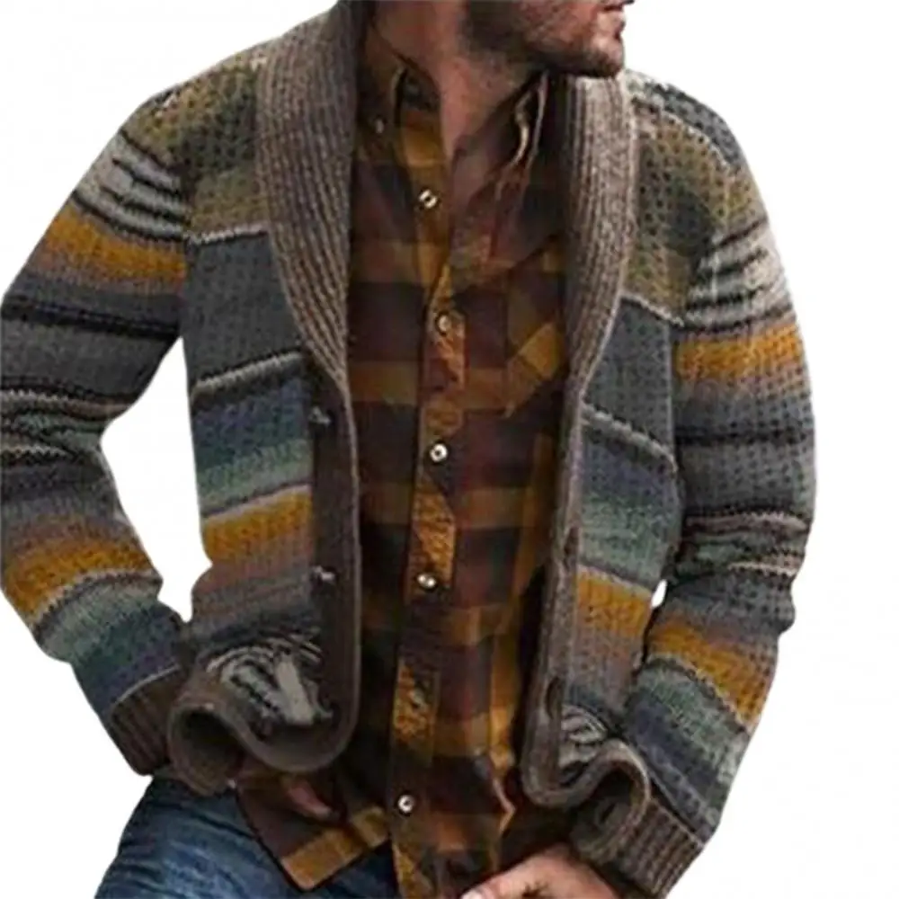 Men's Fashion Hooded Wool Striped Long Sleeve Loose Print Knit Cardigan ...