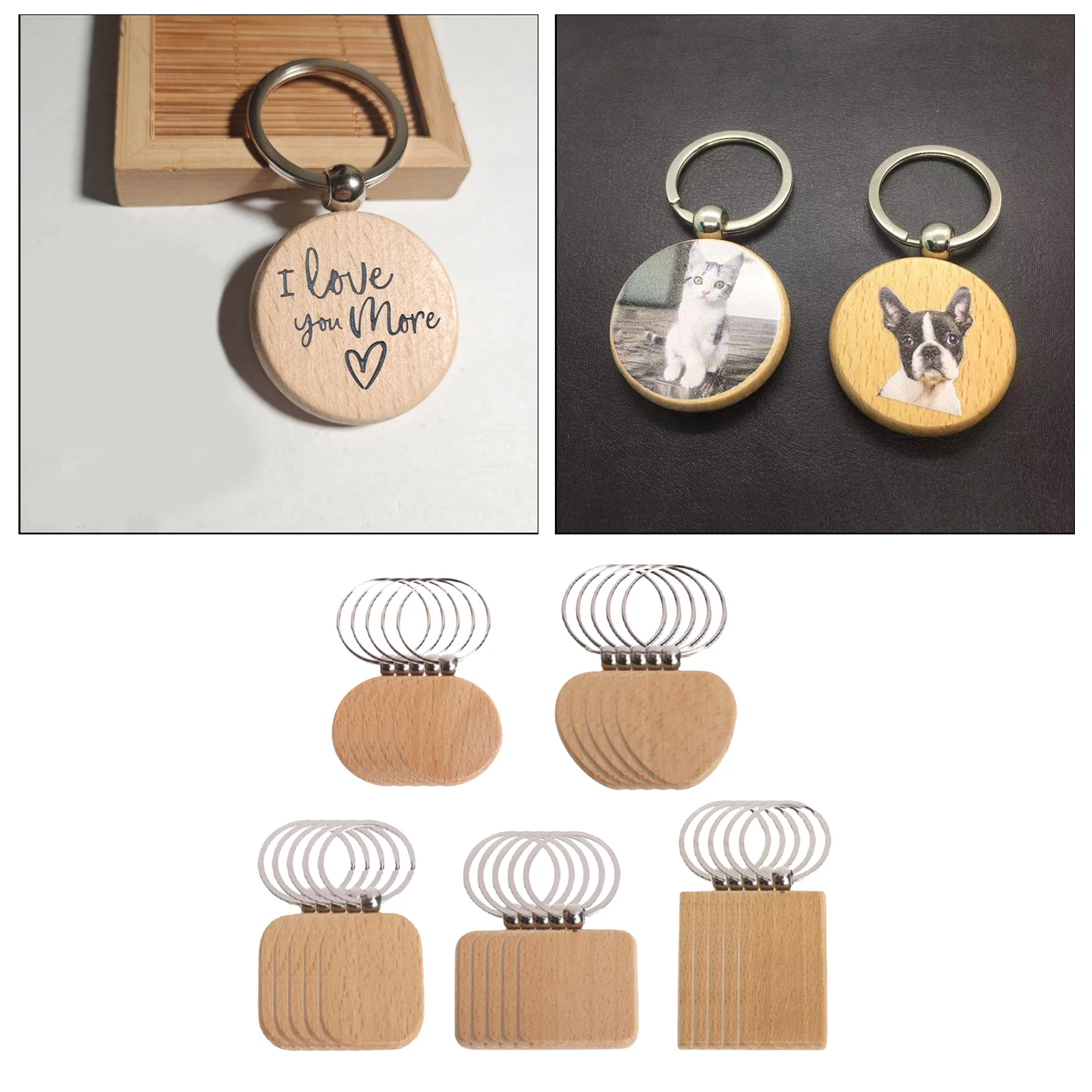 25pcs Blank Round Rectangle Wooden Chain Key Tags for Car Key Rings Hanging DIY Pendants  Wood Heart Keychain Jewelry Making