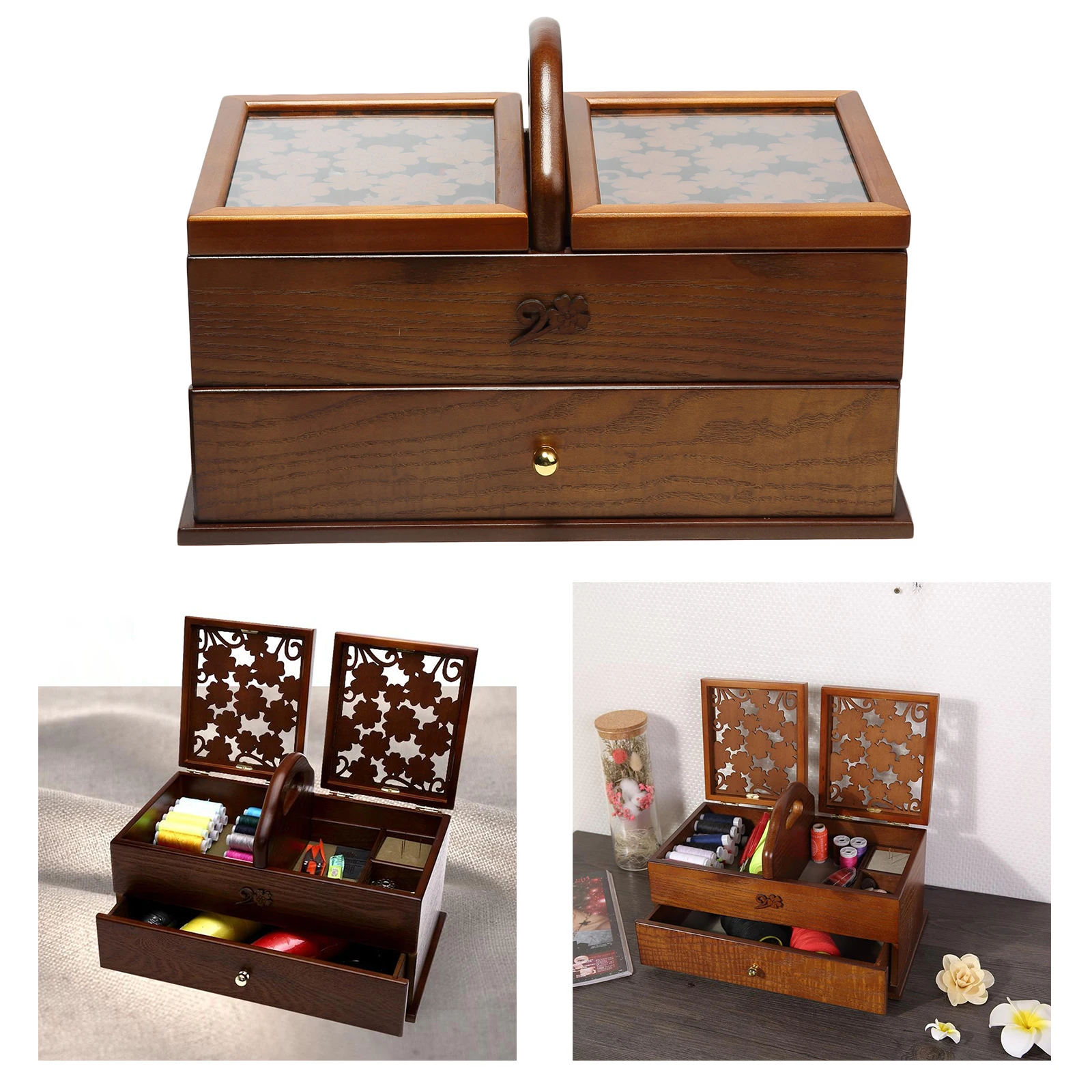 Protable Antique Sewing Kit Box Basket Wooden Hand for Home Sewing Repair Tool Kit Sew Kit Accessory Adult Beginner Supplies