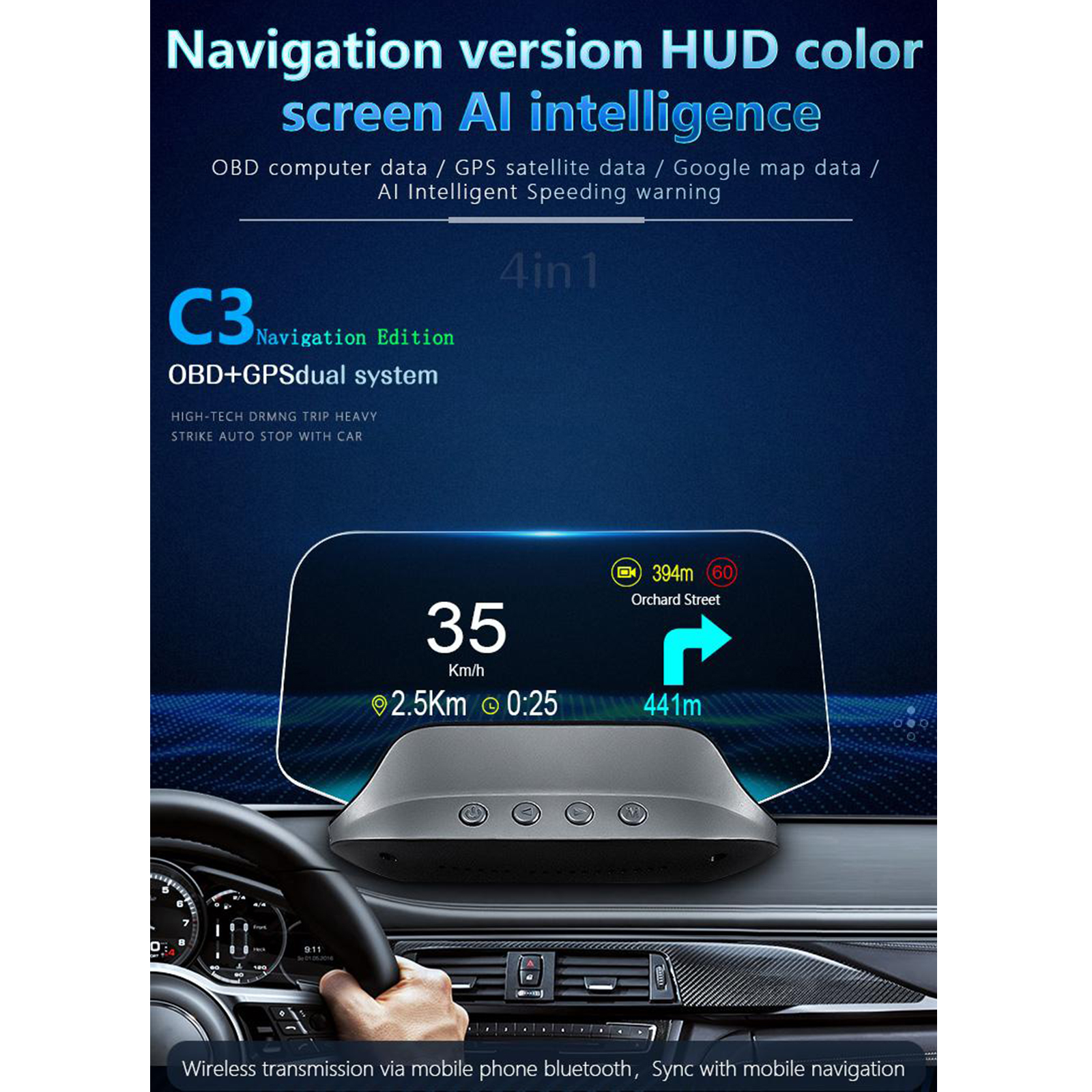 C3 OBD2 +GPS Dual Mode Car Head Up Display Overspeed Warning Water Temp Voltagometer Navigation Diagnostic