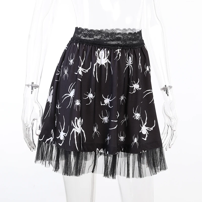 E-girl Gothic Black Lace Mini Skirt Women Streetwear Spider Print Punk Style Vintage Summer High Waist A-line Skirt Harajuku