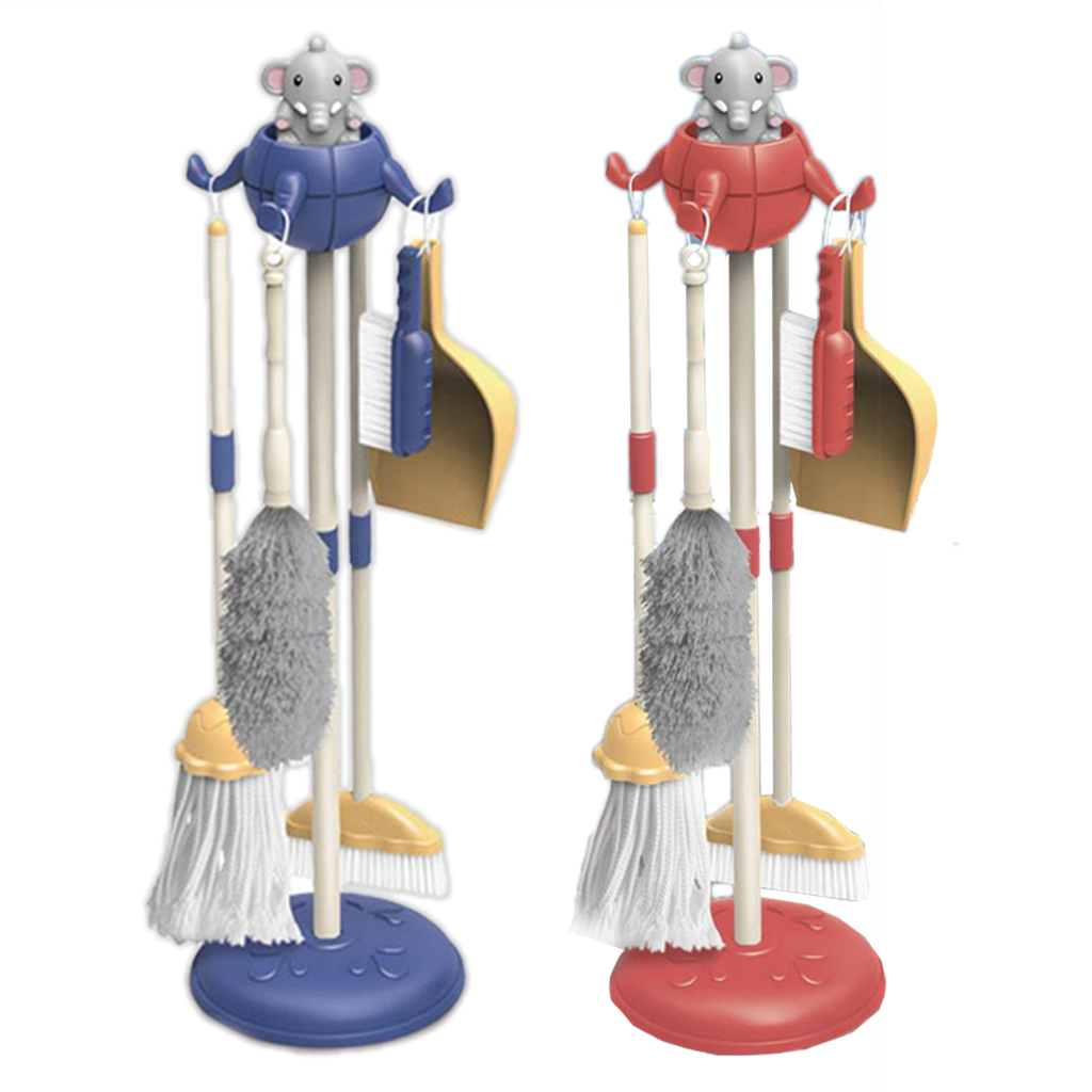 1Set Cute Elephant Kids Cleaning Toy Set Pretend Play With Broom Mop Brush Organizing Stand for Kids 4-6 Years Old