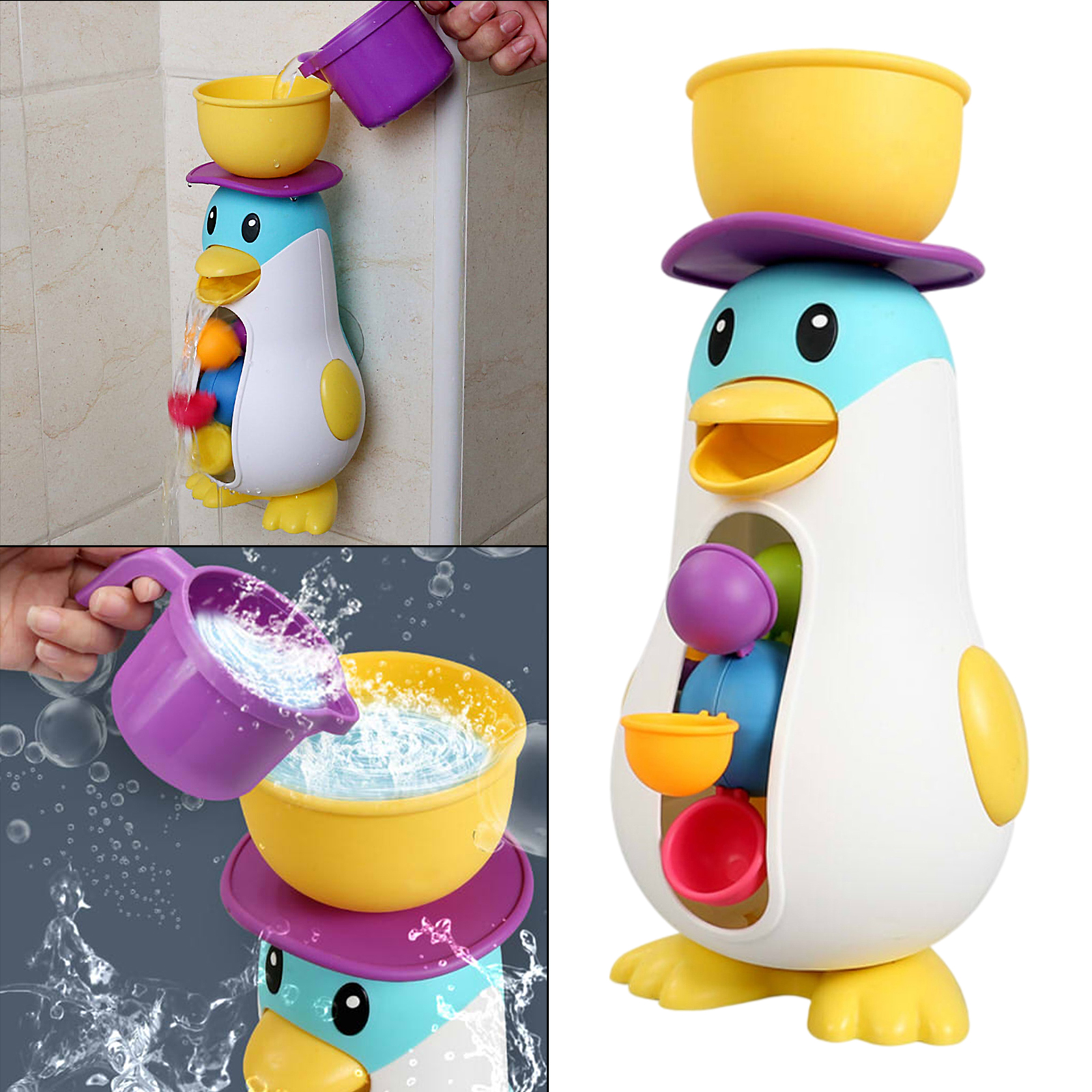 Adorable Suction Cup Penguin Waterwheel Toddler Shower Pool Water Play Sucker Rotatable Waterwheel Bath Toy for Bathing Time