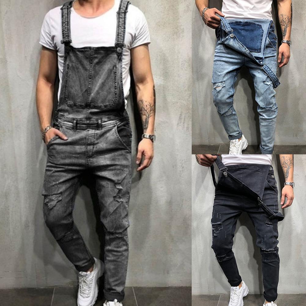 Retro Summer Men Ripped Denim Overalls 