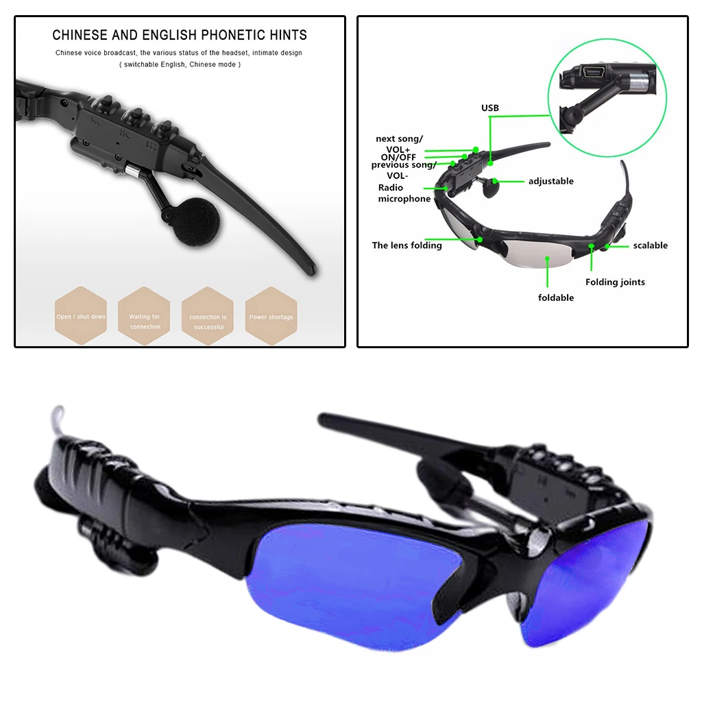 Wireless Sports Bluetooth 4.2 Sunglasses Headset Headphone for Men Earpiece