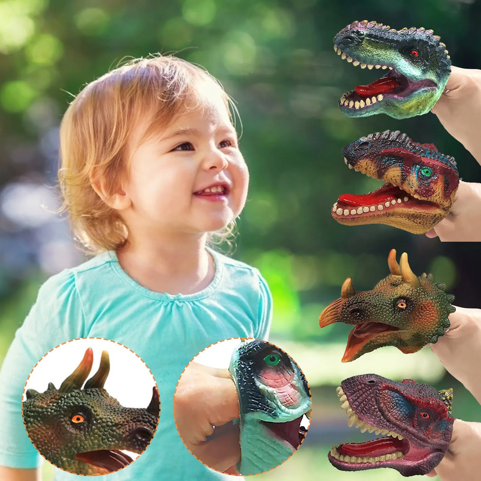 Realistic Dinosaur Hand Puppets Triceratops Kids Toy Role Play Gloves 