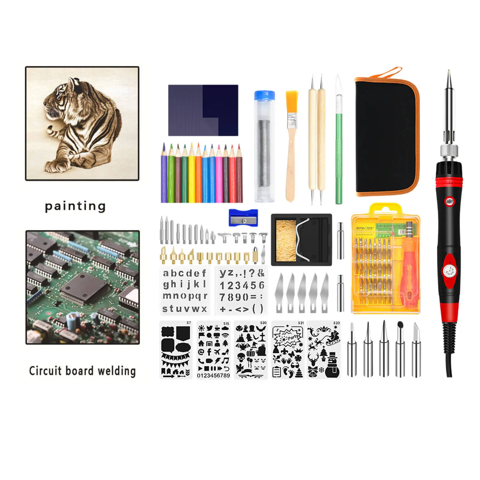 Wood Burning Kit Accessories W/Carrying Case Tool Pyrography Pen Brush DIY for Embossing Carving Soldering Woodburning