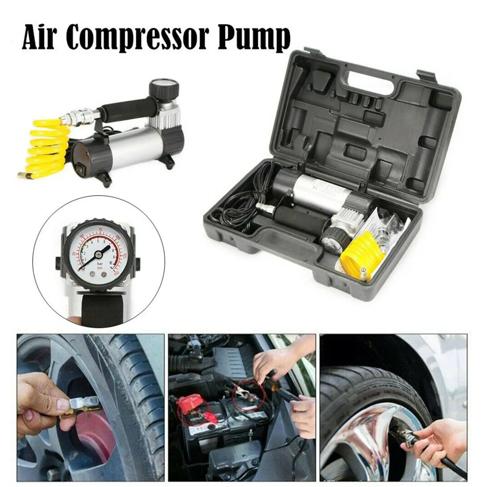 Car Tyre Air Compressor Pump 12V DC Cigarette Charger Tire Inflator Pressure Gauge with Inflatable Needle for Motorbike Bike