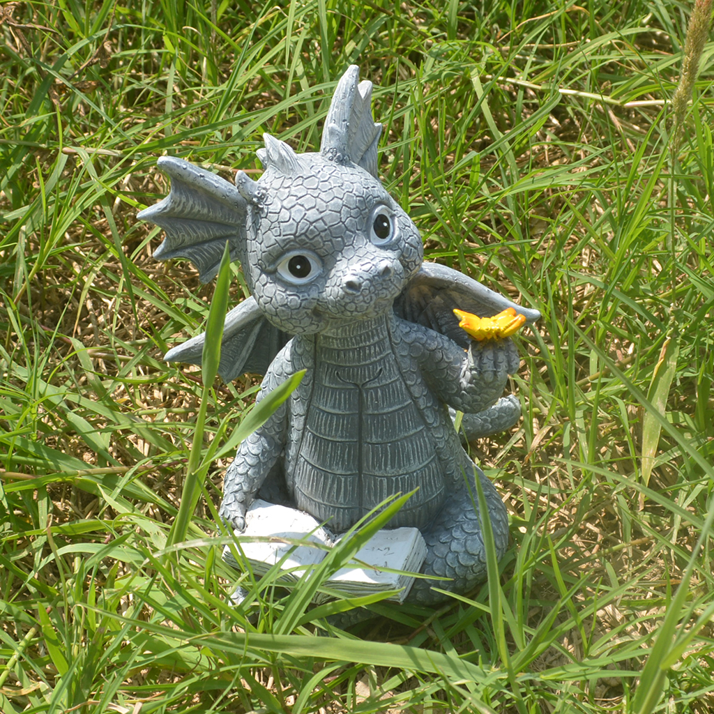 Read Book Dragon Statue Indoor Outdoor Dinosaur Garden Art Bookshelf Collectible Figurines Yoga Patio Sculpture Home Decor