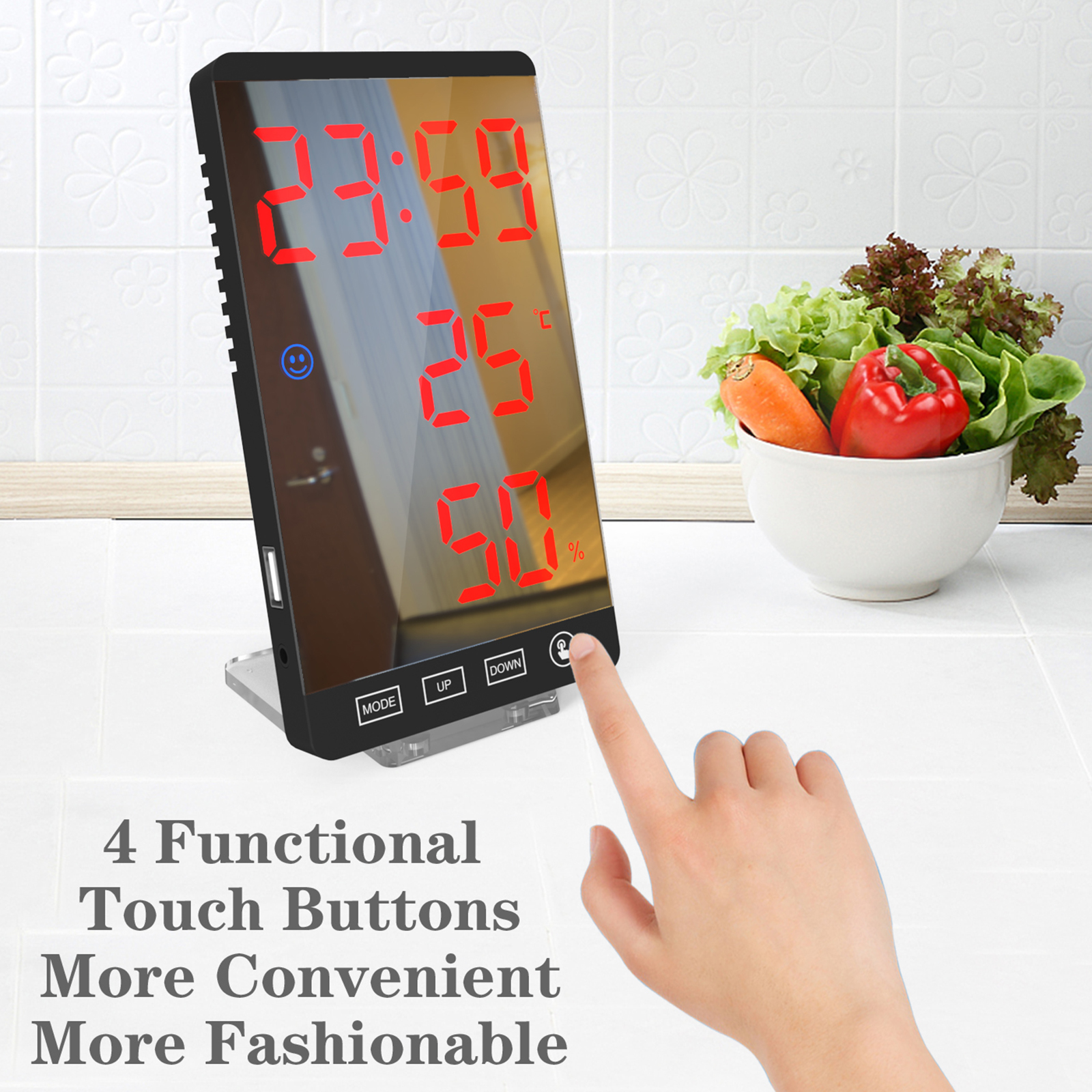 6 Inch LED Mirror Alarm Clock Touch Button Wall Digital Clock Time Temperature Humidity Display USB Output Port Table Clock