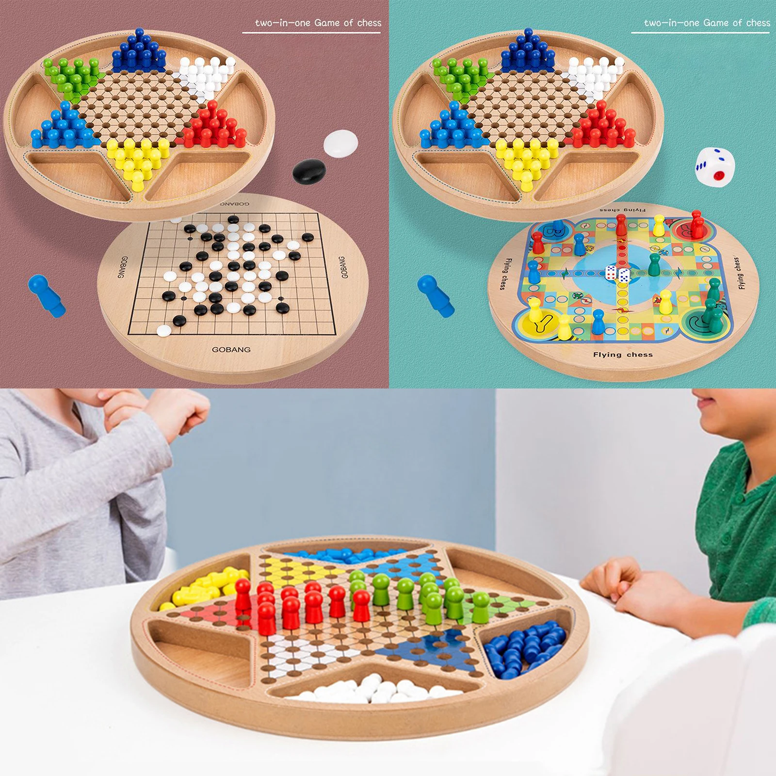 2 in 1 Chinese Checkers Board Game Mini Wooden Travel Set with Coloured Pegs for Adults, Boys and Girls in 6 Colors