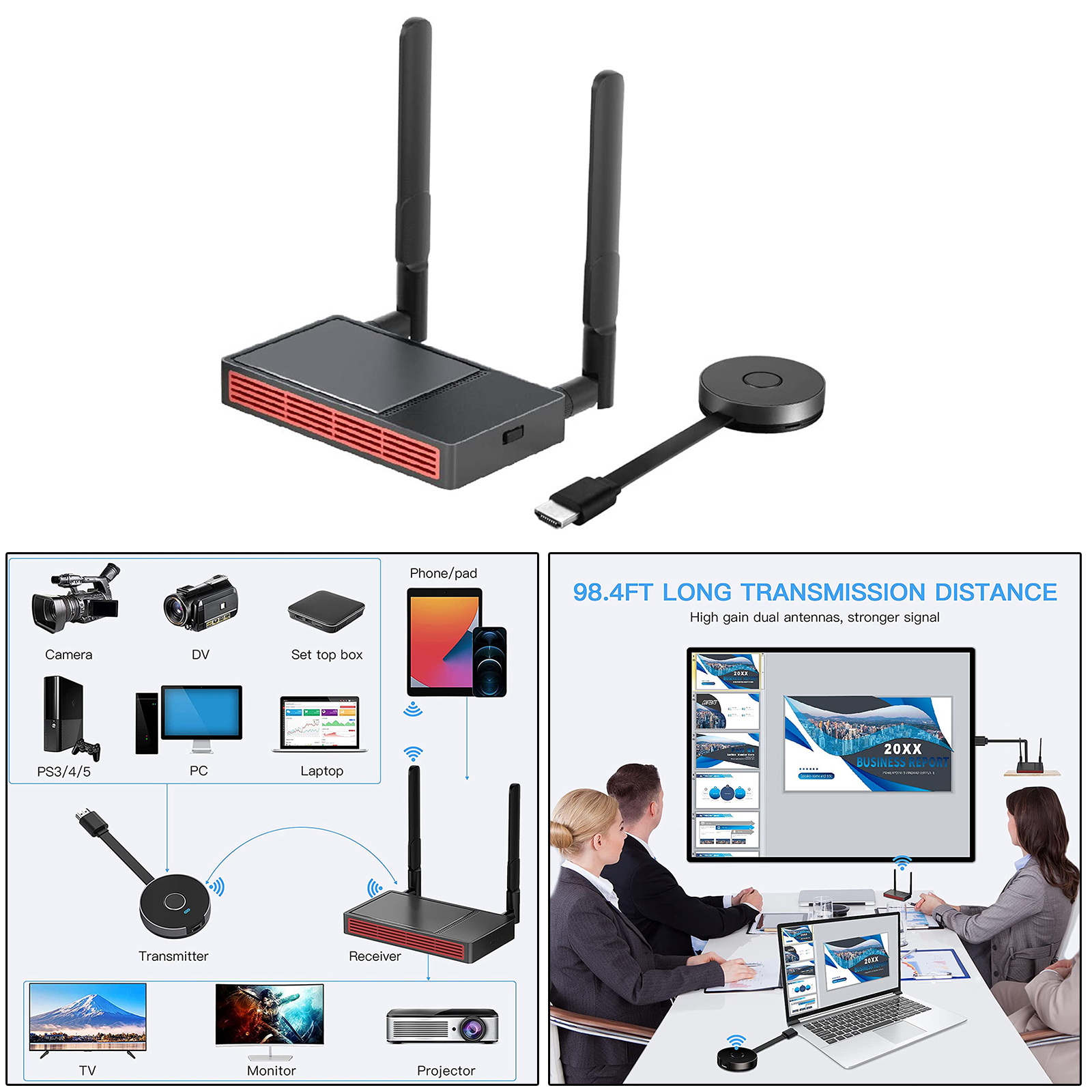 Wireless  Transmitter w/Receiver Wireless Display Dongle Mirroring Screen Plug and Play for Laptops PC Phone