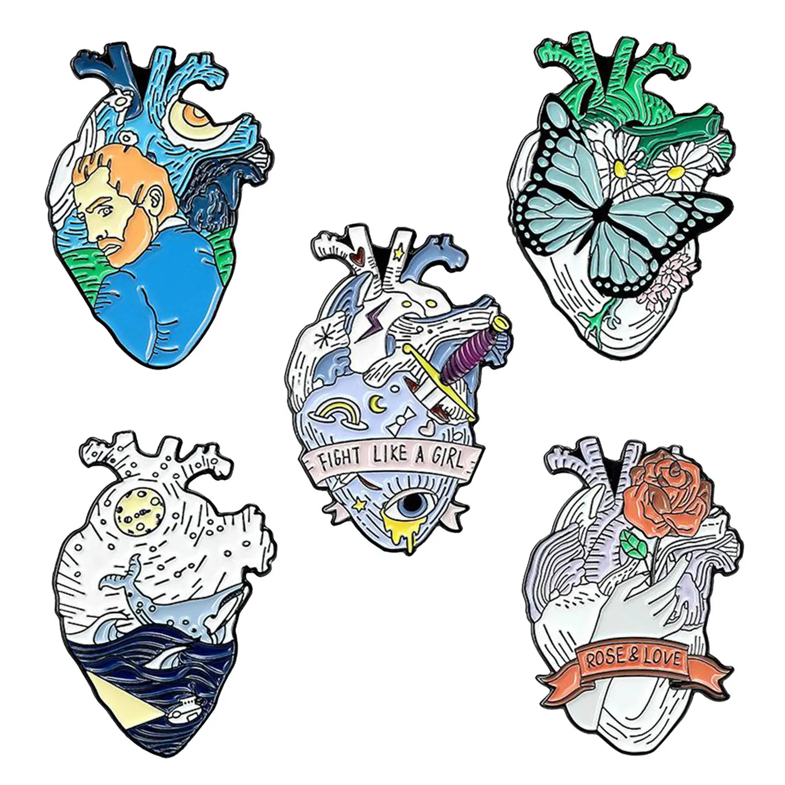 Pack of 5 Organ Heart Enamel Pins Brooch Badge for Bag Clothes Lapel Pin