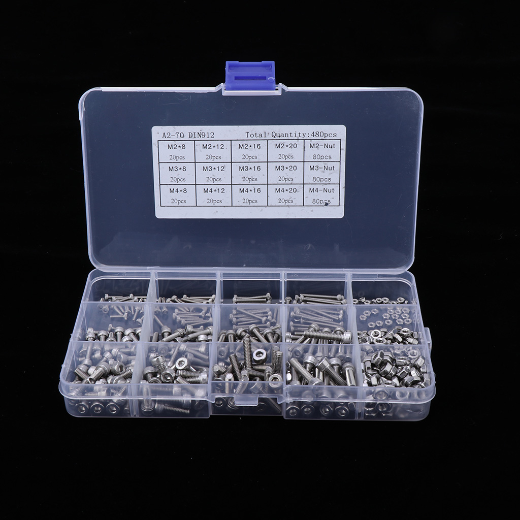 Prettyia 480pcs Tiny Screws & Nuts Hex Socket Head Bolts Kit Stainless Steel