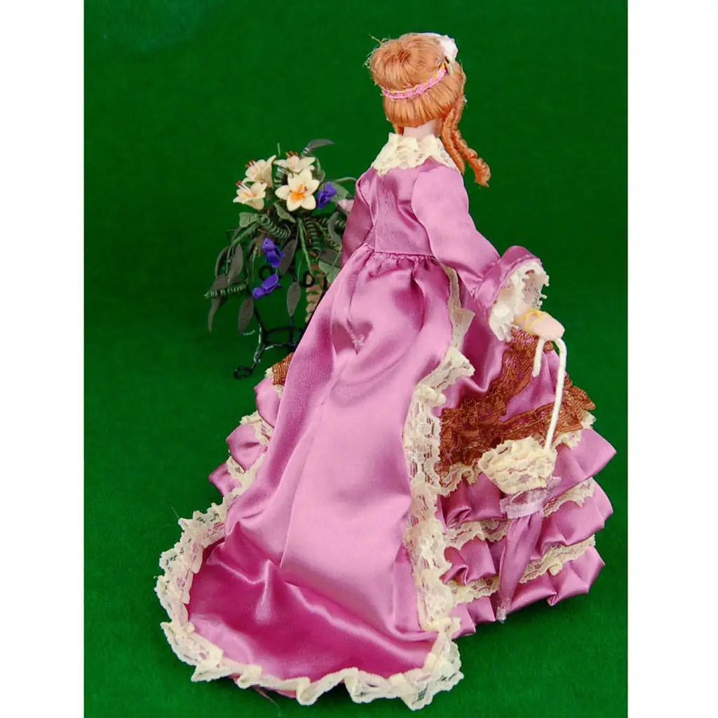 Dollhouse Miniature Porcelain Doll Beautiful Lady in Purple Pleated Gown and Umbrella