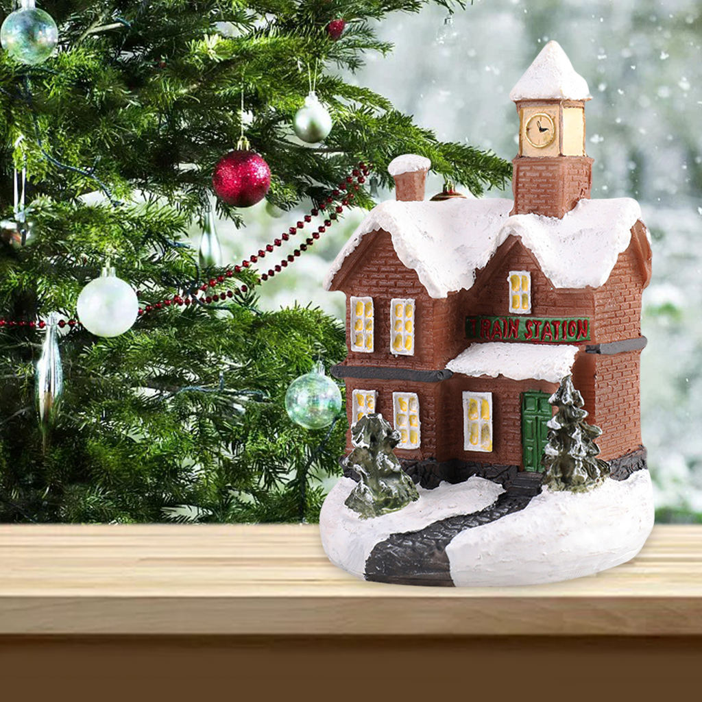 Resin Mini Christmas LED House Warm Light Miniature Village Dollhouse Farmhouse Set Xmas Desktop Garden Decoration Gift