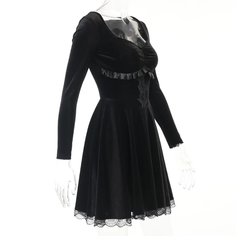 Vintage E-girl Grunge Gothic Black Velvet Mini Dress Elegant Lace Trim Long Sleeve High Waist Corset Lolita Dresses Women Autumn