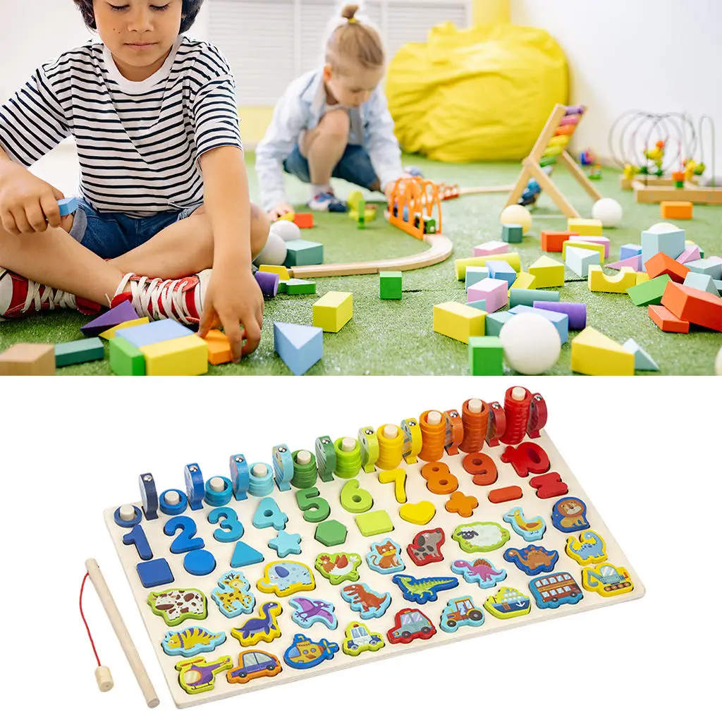 Fishing Game Stacking Blocks Math Portable Wooden Toys Busy Board for Learning Preschool Age 2 3 4 5 Year Old Toddlers Children