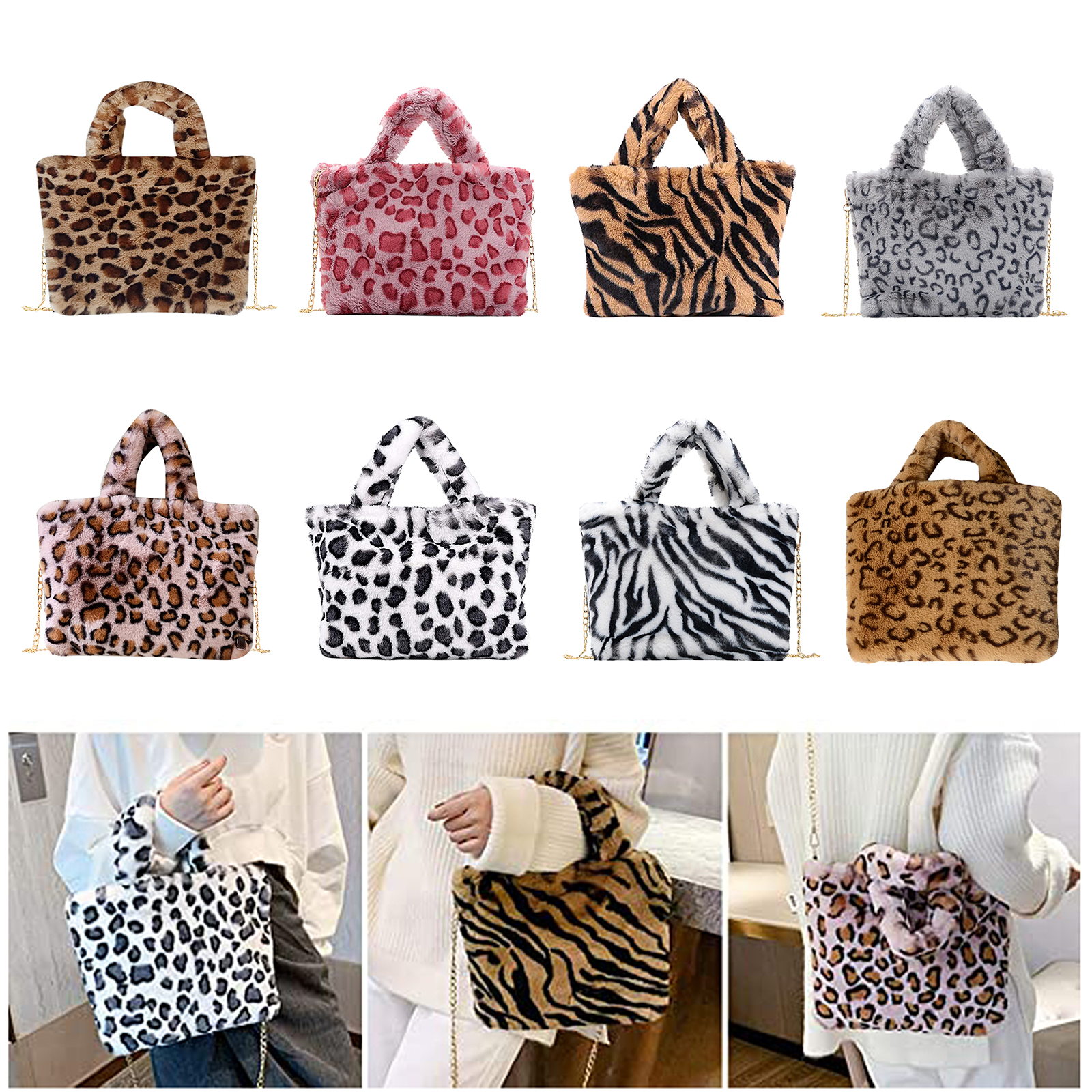 Soft Faux Fur Shoulder Bag Womens Plush Handbag Tote Leopard Print Chain Strap