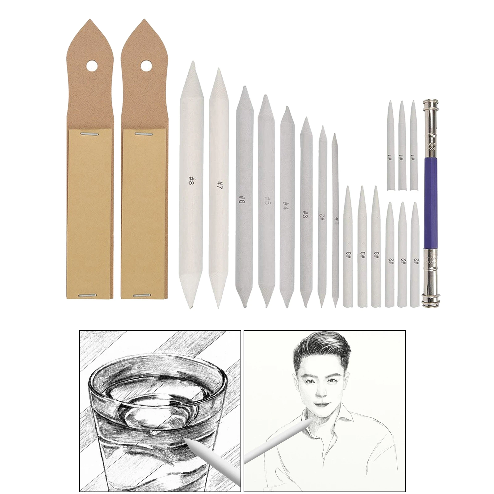 12 Pieces Blending Stumps and Tortillions Set with 2 Pieces Sandpaper Pencil Sharpener for Student Sketch Drawing 