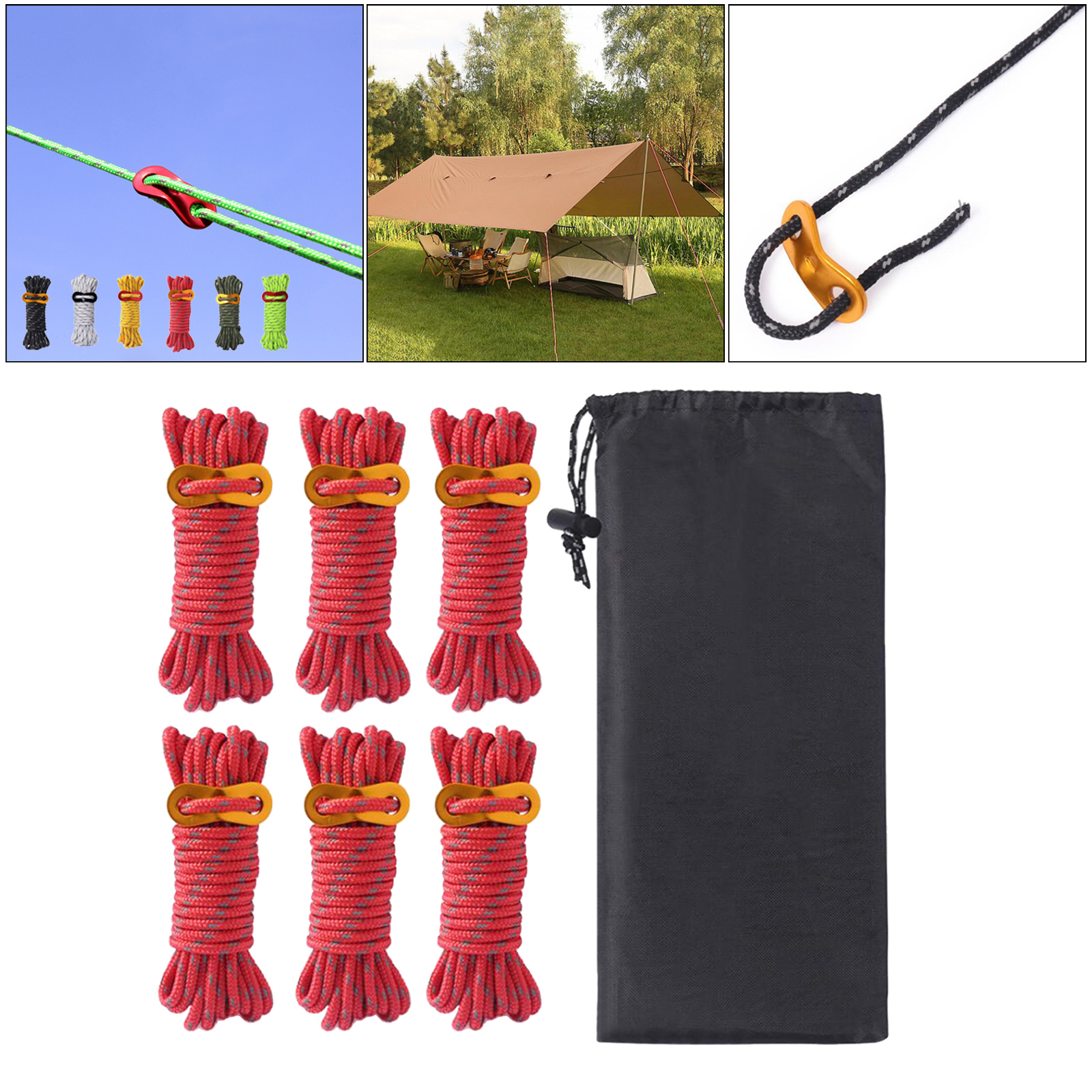 6psc/set Outdoor Camping Tent Cord Windbreak Reflective Wind Rope With Rope Buckle