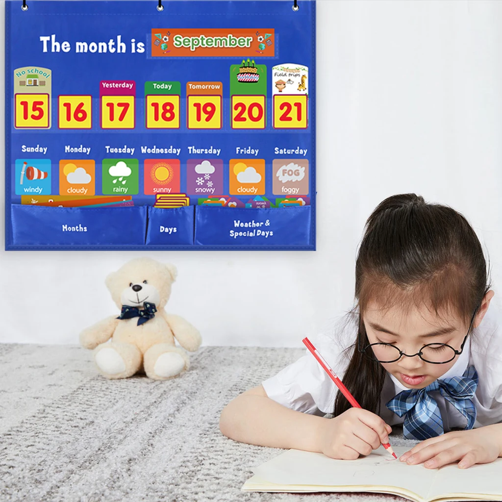 24x18 Inch Weekly Calendar Weather Pocket Chart Education Hanging Bag 98 Cards School Classroom Toys Kids Gifts