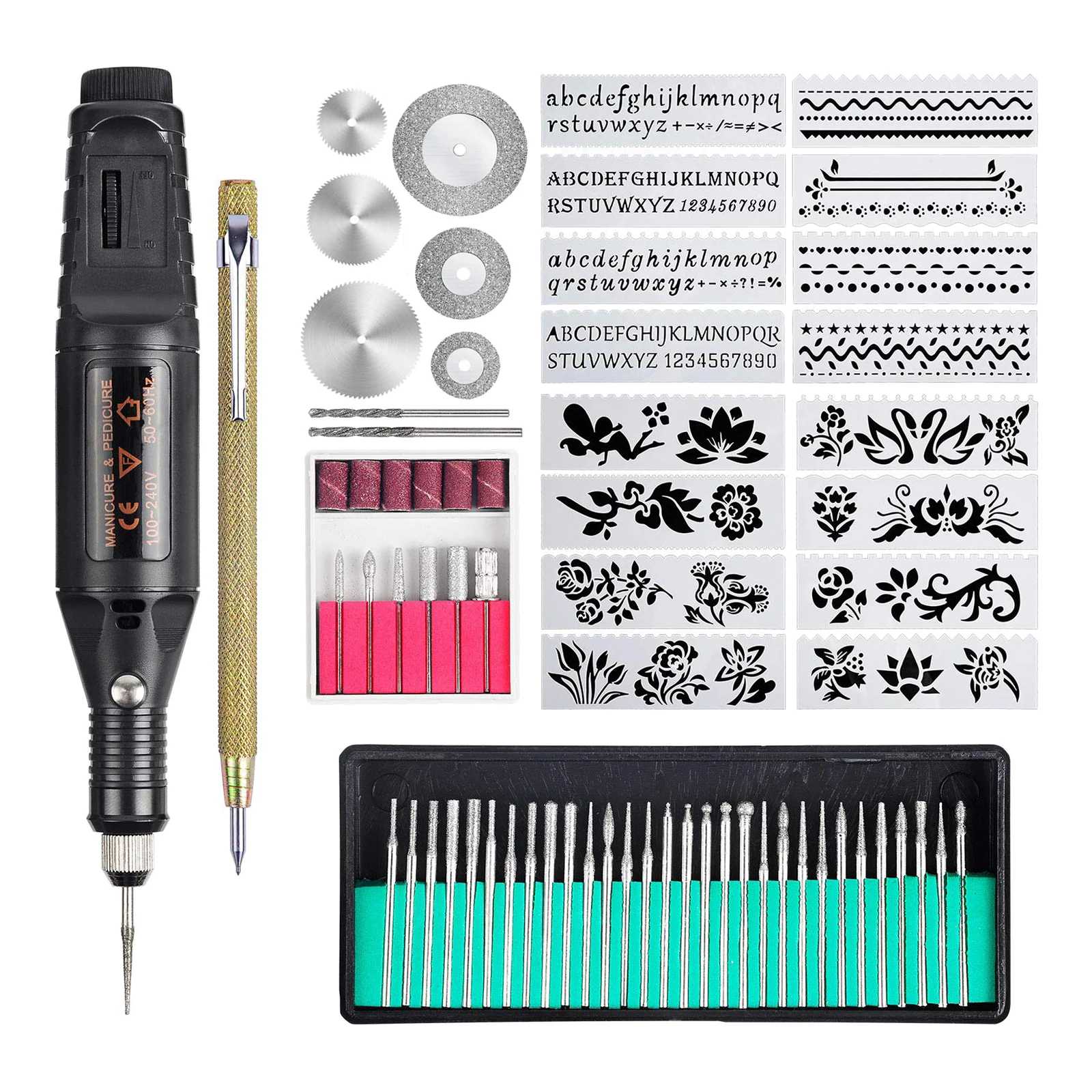 Micro Engraver Pen Metal Glass Mini Diy Engraving Tool including Scriber Bits Stencils