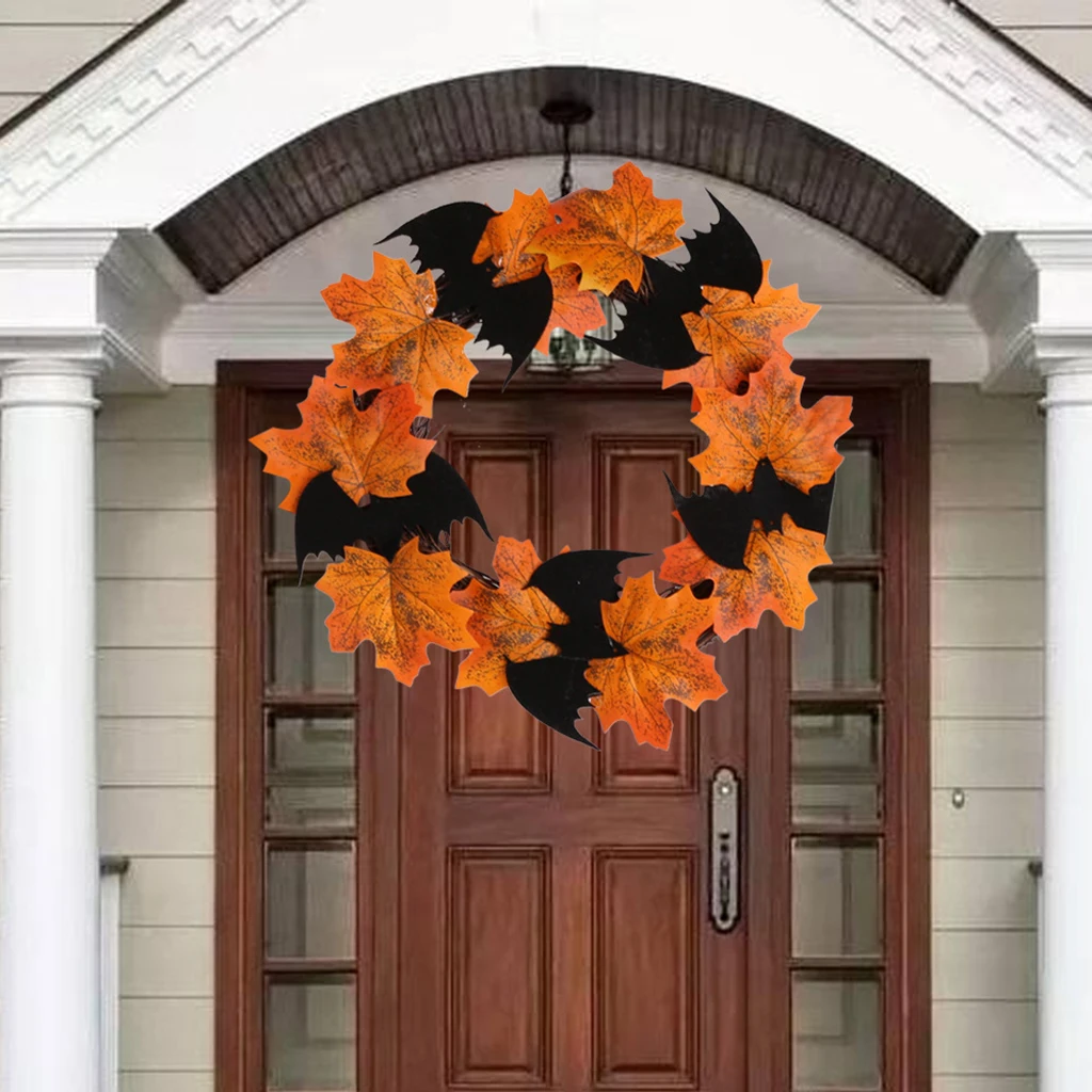 25cm Halloween Wreath Artificial Maple Leaf Rattan Wreath Halloween Door Decoration Thanksgiving Autumn Wreath