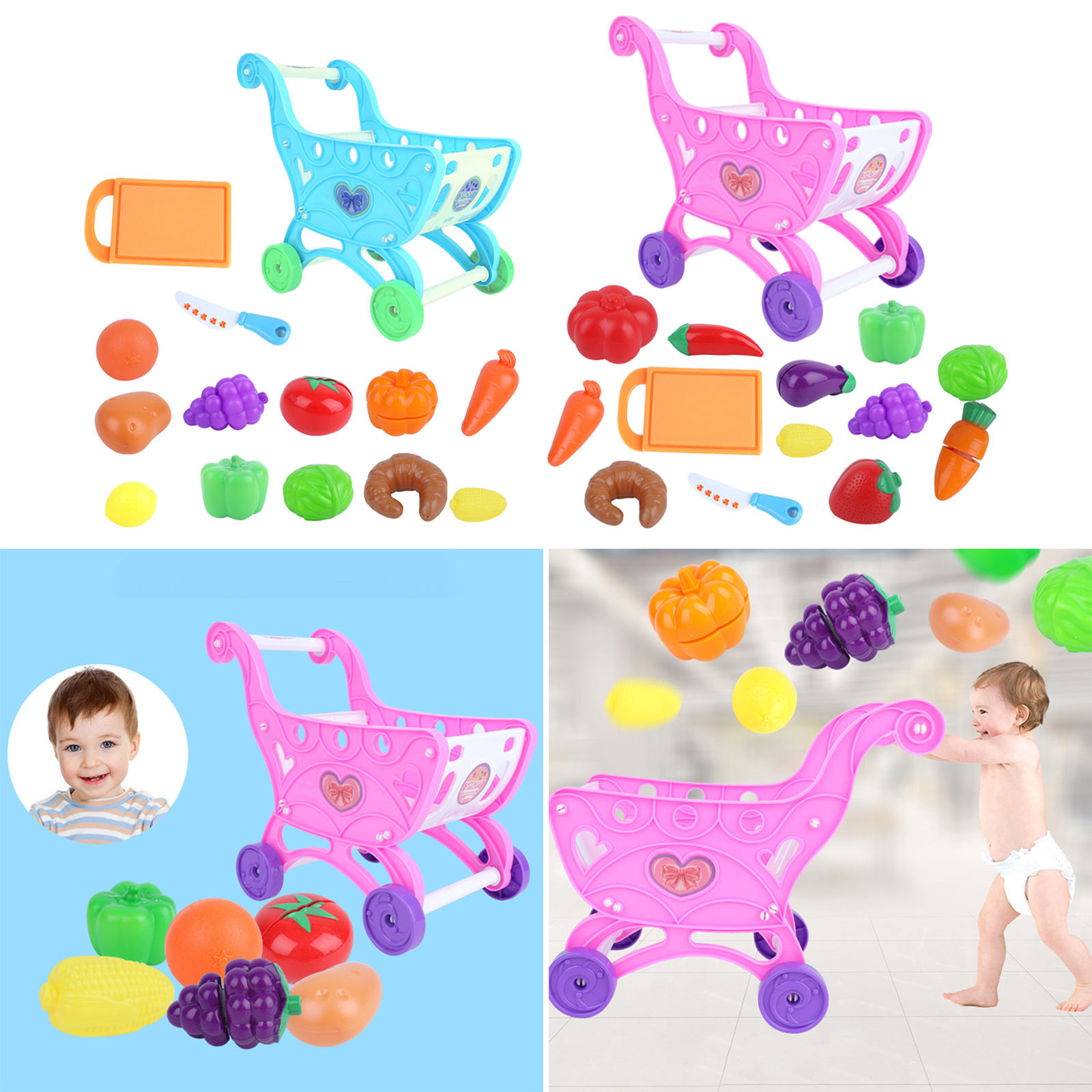 14Pcs/Set Shopping Trolley Cart Supermarket Trolley Toys Creative Imaginative Play Pretend Play Toy