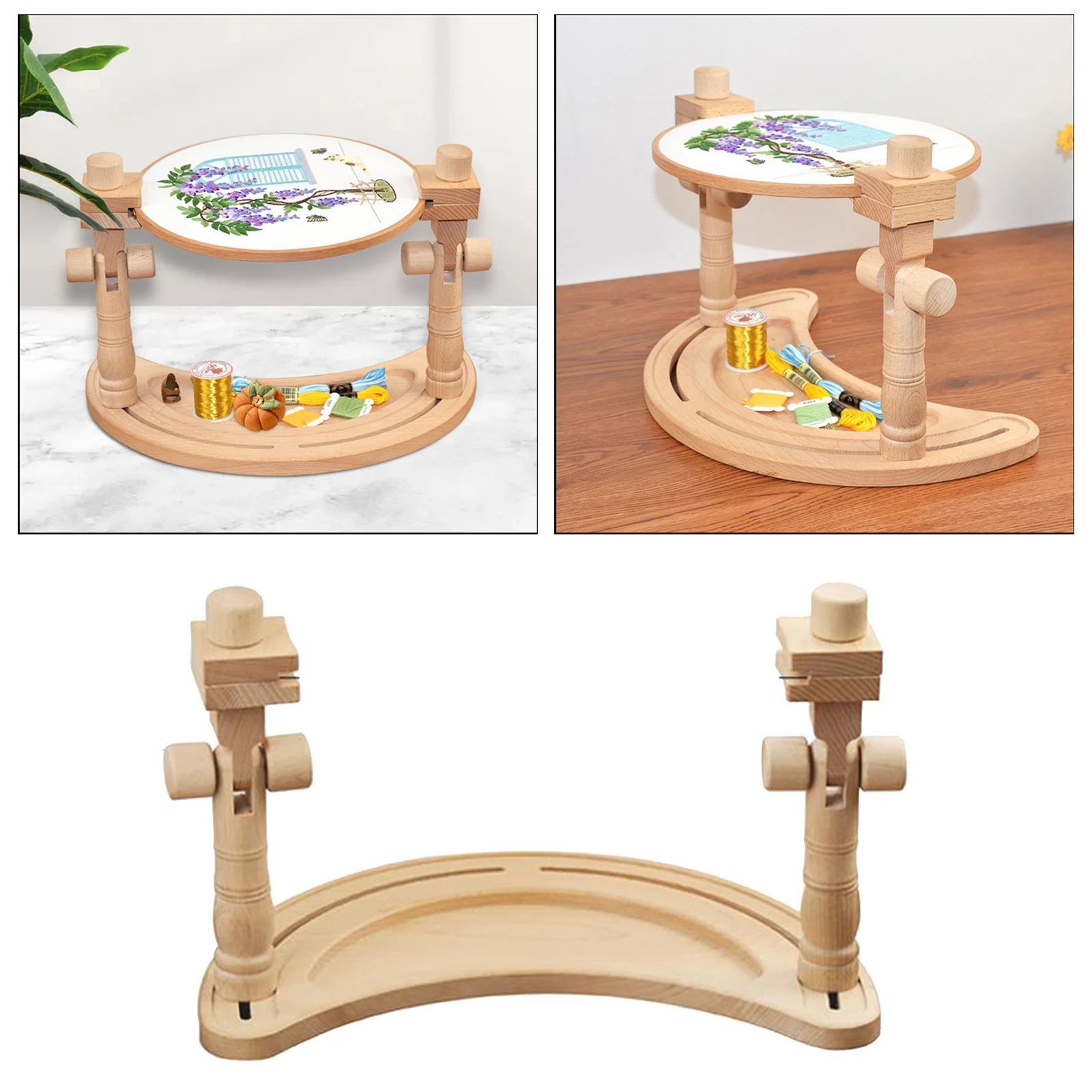 Retro Style Rotating Wooden Needlework Table Rack Tabletop Embroidery Stitchwork Rotate Sewing Holder
