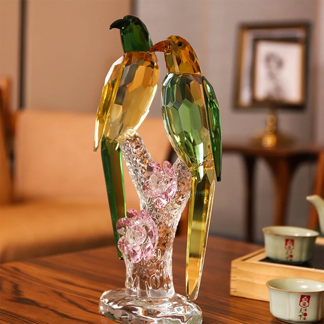 Handmade Art Glass Crystal Bird Figurine, Blown Art Glass Bird Sculpture  Crystal Christmas Birthday Gift Home Table Ornament Decor (Lovebird Female)